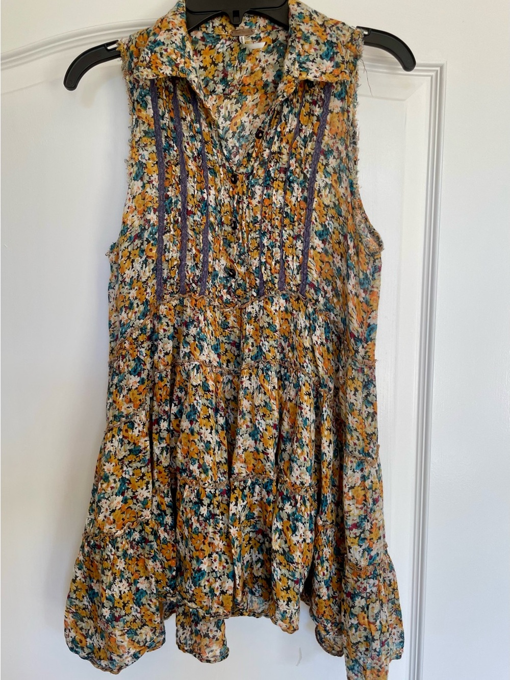 Free People Sleeveless Floral Boho Tunic Top in Mustard & Teal